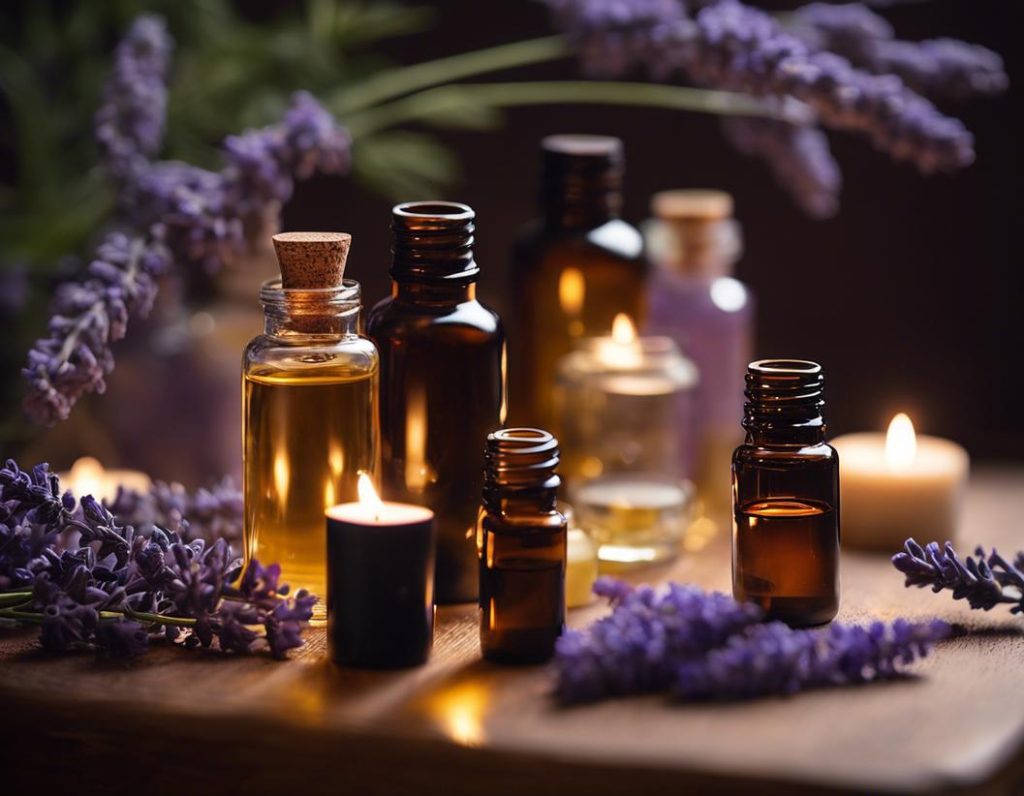 Photo tamisée de diverses bouteilles d'huiles essentielles disposées proprement sur un meuble en bois, accompagnées de brins de lavande délicats et d'un doux éclat de bougie en arrière-plan.