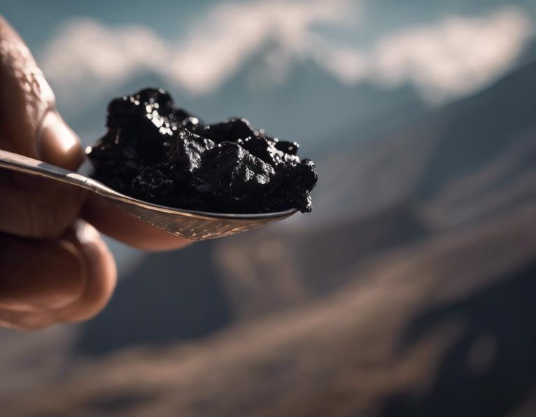 Une main tenant une cuillerée de Shilajit sombre et résineux devant un fond de montagnes himalayennes antiques, avec un fini mat et une grande profondeur de champ, 4K.