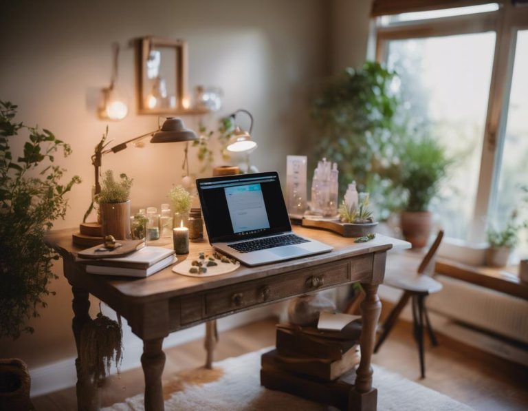 Image d'un bureau à domicile serein, un bureau en bois agrémenté de cristaux de guérison, d'herbes, d'un livre de naturopathie avec le chiffre '6' proéminent sur sa couverture, et d'un ordinateur portable avec une confirmation de rendez-vous virtuel à l'écran, lumière naturelle du jour.