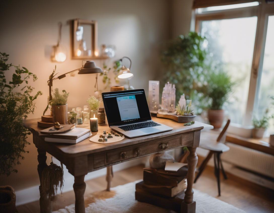 Image d'un bureau à domicile serein, un bureau en bois agrémenté de cristaux de guérison, d'herbes, d'un livre de naturopathie avec le chiffre '6' proéminent sur sa couverture, et d'un ordinateur portable avec une confirmation de rendez-vous virtuel à l'écran, lumière naturelle du jour.