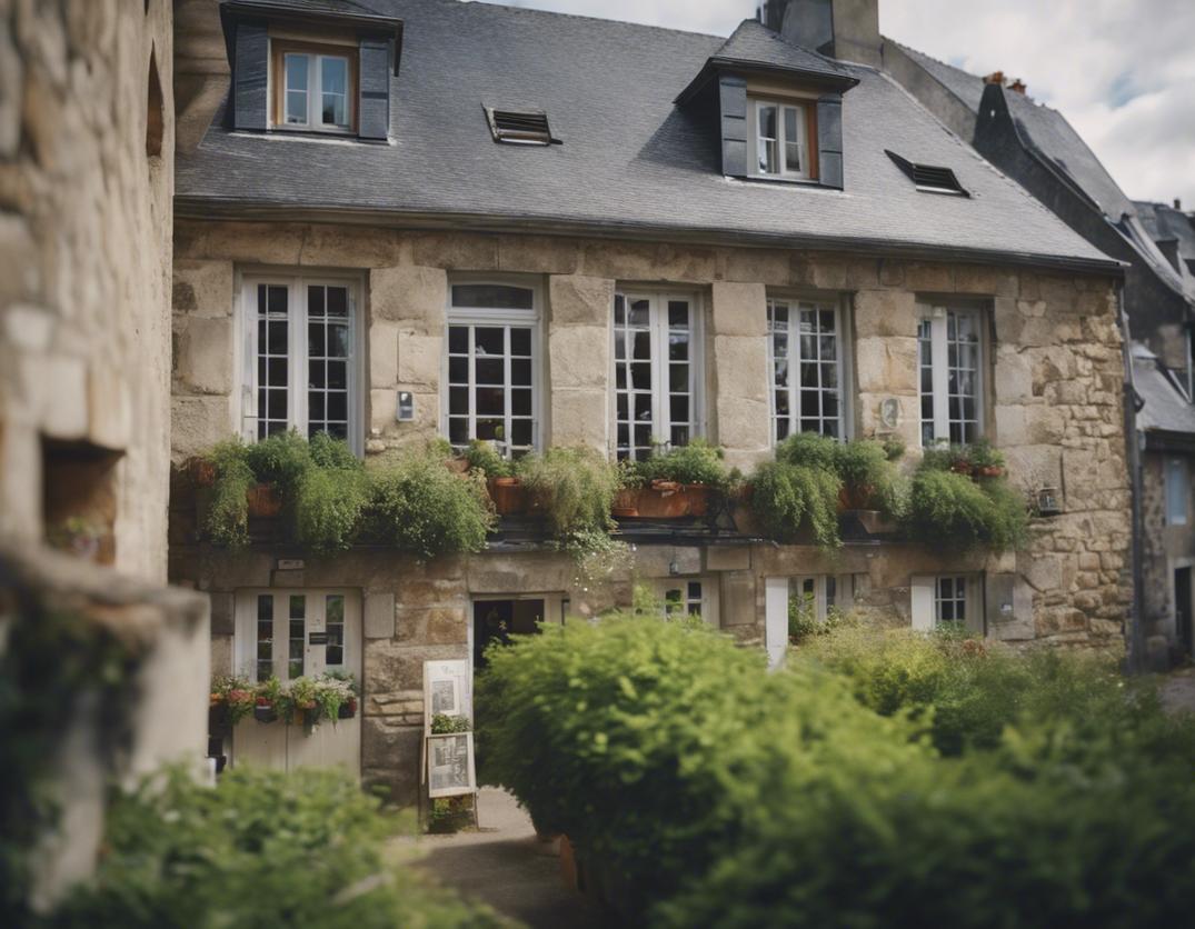 Vue paisible d'une charmante clinique naturopathie rustique à Quimper, France, bourdonnant d'herbes fraîches à la lumière du jour, finition matte, éclairage ambiant doux.