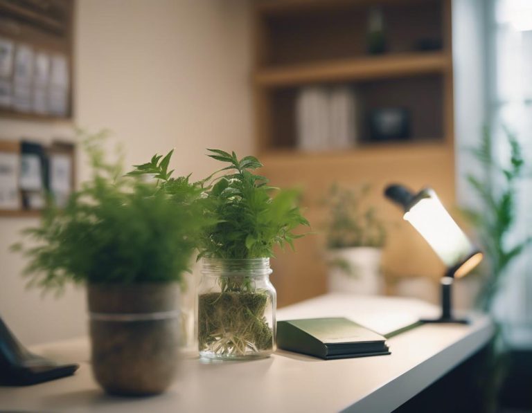 Photographie d'une clinique naturopathique paisible avec des plantes verdoyantes, un bocal en verre d'herbes médicinales et un bureau d'accueil accueillant avec un livre de rendez-vous visible.