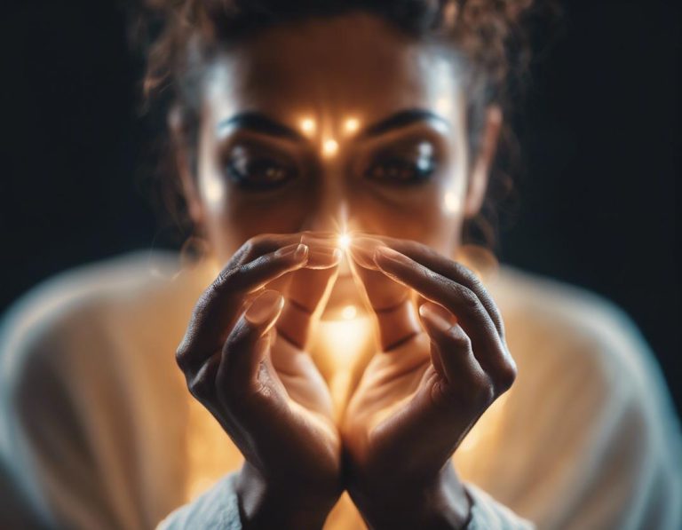 Portrait en gros plan d'un guérisseur serein, les mains illuminées d'une lueur éthérée symbolisant leur haute énergie vibratoire sur un fond sombre et rêveur.