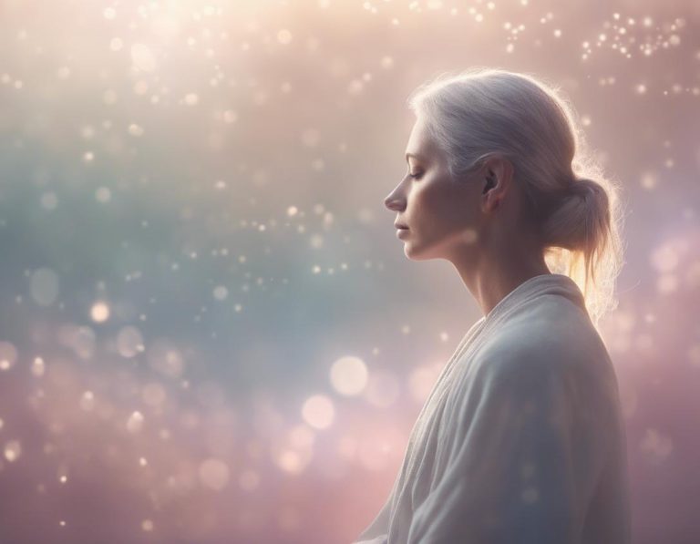 Une personne seule dans une pose méditative avec une lumière éthérée près de l'oreille gauche symbolisant un message spirituel, le tout en couleurs pastel douces et un éclairage ambiant.
