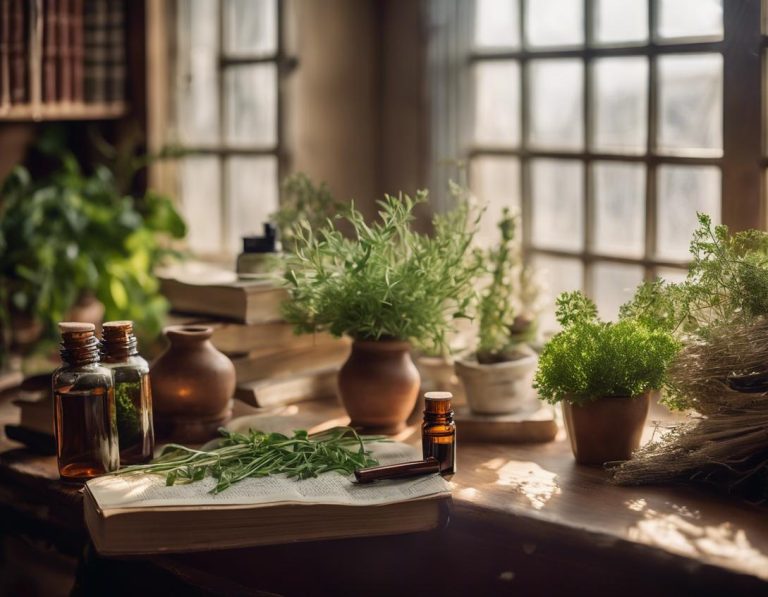 Photographie en haute résolution d'un bureau de naturopathe à Valence avec une table en bois rustique débordante d'herbes fraîches, d'huiles essentielles et de livres anciens sur les plantes médicinales, éclairée à la lumière naturelle douce.