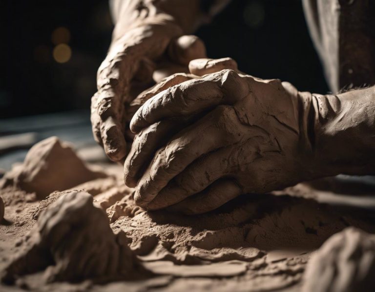 Zoom sur les mains d'un artiste transformant délicatement de l'argile brute en une sculpture détaillée, l'éclairage ambiant créant des ombres dramatiques.