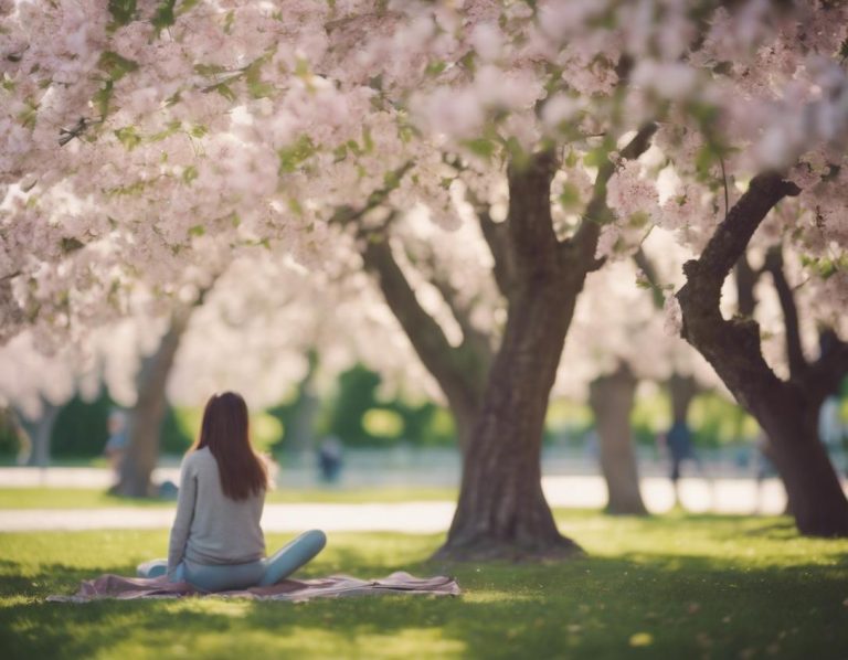 Image pastel d'une personne pratiquant la sophrologie sous un cerisier en fleurs dans un parc tranquille à Angers, en style d'art fin et dans une douce lumière du jour, en 4k.