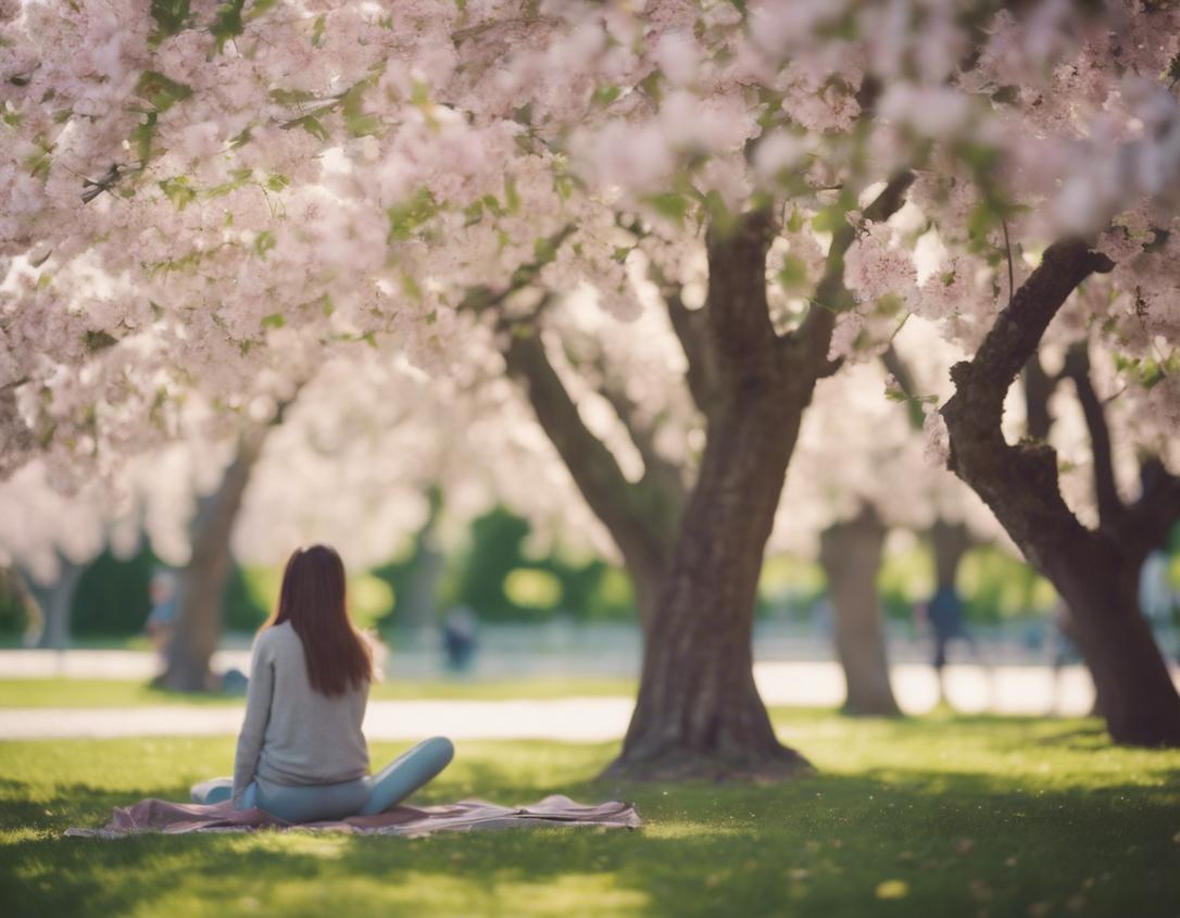 Image pastel d'une personne pratiquant la sophrologie sous un cerisier en fleurs dans un parc tranquille à Angers, en style d'art fin et dans une douce lumière du jour, en 4k.