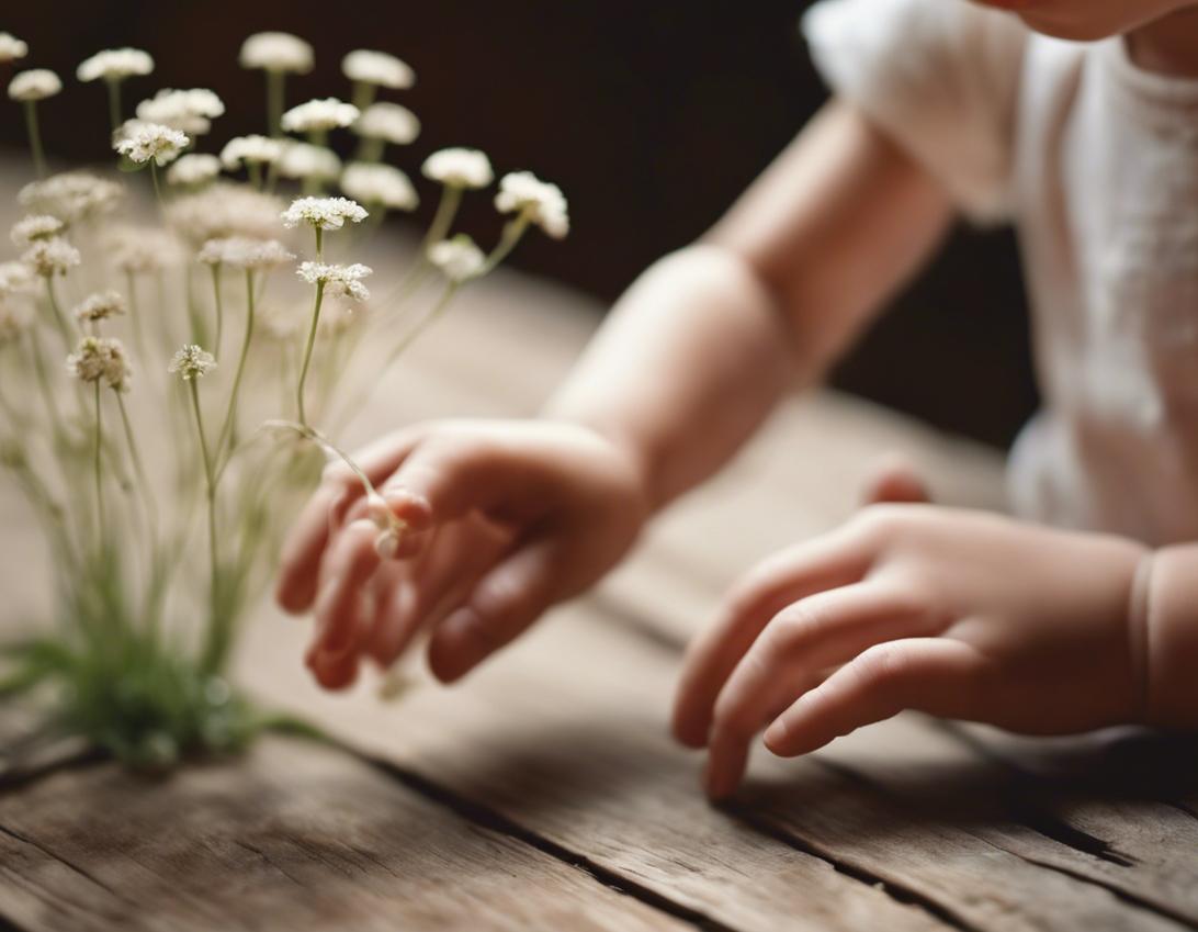 Photo douce d'un enfant curieux touchant délicatement des essences de fleur de Bach sur une table en bois rustique.
