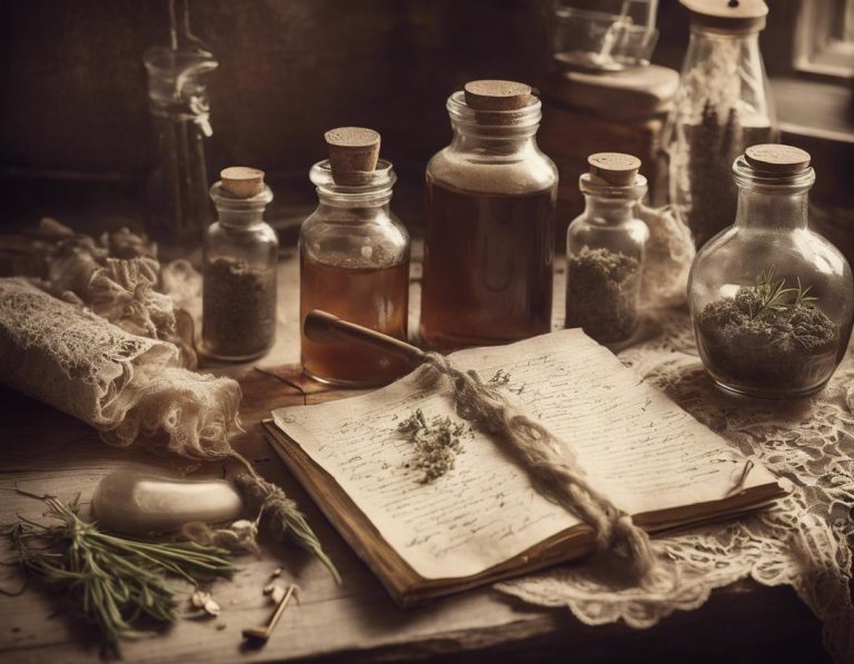 Huit remèdes traditionnels, incluant des herbes et potions, disposés sur une table en bois recouverte de dentelle avec un livre de recettes familiales ouvert, le tout dans un éclairage ambiant mat et teinté de sépia.