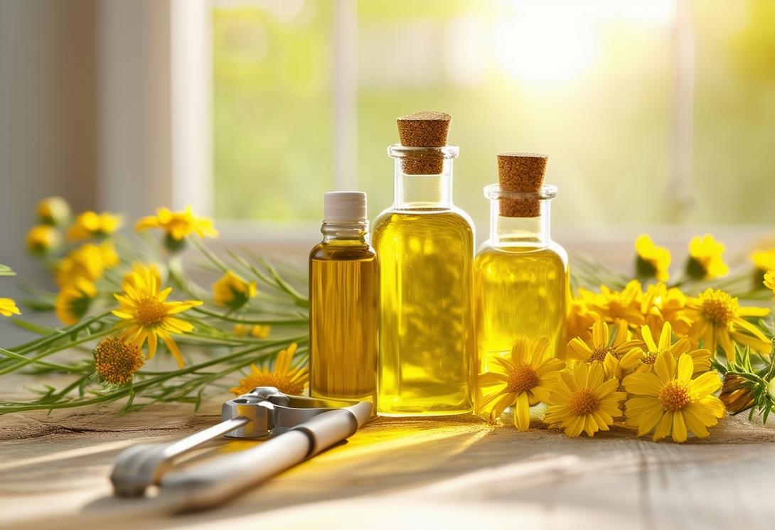 Deux bouteilles en verre remplies d'huiles essentielles d'arnica et de gaulthérie, un outil de mesure, et des plantes naturelles d'arnica et de gaulthérie éparpillées sur une table en bois clair.