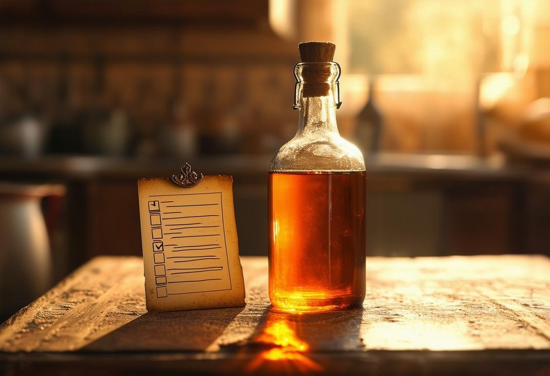 Gros plan d'une bouteille de verre captant la première lumière du matin, remplie d'un mystérieux liquide ambré - l'élixir ikarien, avec une petite liste de contrôle à côté détaillant les effets secondaires potentiels, sur une table de cuisine rustique égéenne, éclairage naturel matinal soigné et détaillé.