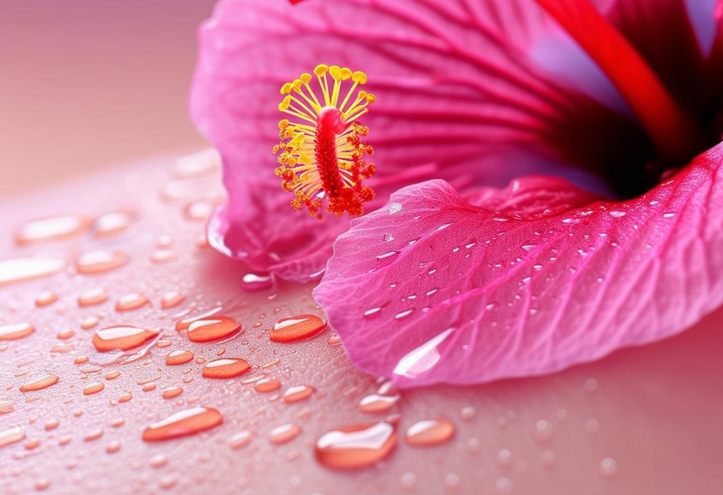 Une photo en gros plan d'une fleur d'hibiscus rose vibrante reposant sur une peau impeccable et radieuse, avec des gouttes d'essence d'hibiscus soigneusement déposées.