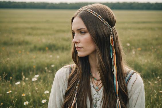 Photo prise par-dessus l'épaule montrant une coiffure longue et lisse entrelacée de rubans vintage et de pendentifs peace dans un pré ouvert, aux couleurs délavées et retouchées.