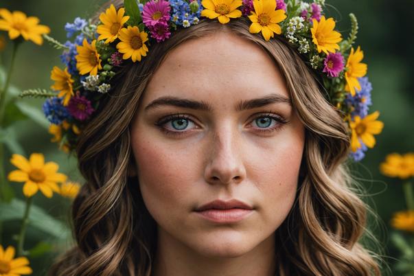 gros plan d'une tresse en épi enveloppant la couronne de la tête, agrémentée de fleurs sauvages éclatantes, évoquant l'esprit bohème des années 70, éclairage dramatique, détails nets