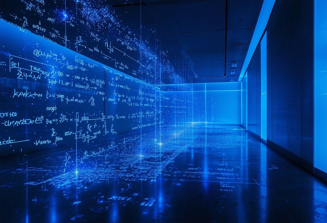 Une photo d'une chambre futuriste élégante baignée d'une douce lumière bleue avec des particules de lumière suspendues dans les airs, formant un affichage holographique d'équations de physique quantique complexes.