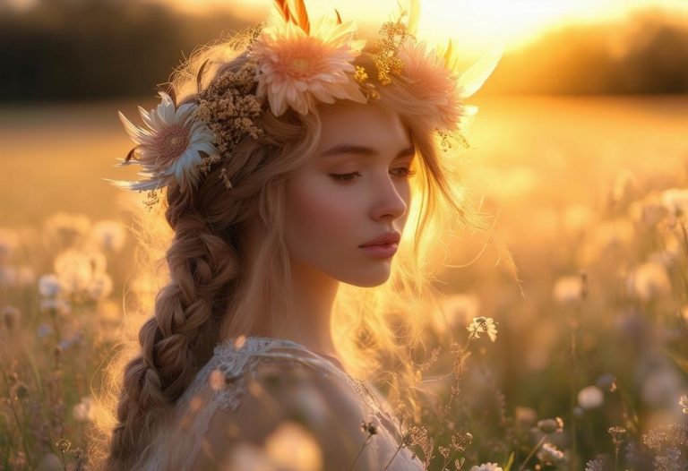 Une femme avec une couronne de fleurs et des cheveux longs tressés avec des plumes, éclairée en contre-jour par le soleil couchant dans une prairie en fleurs.
