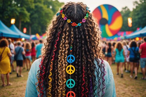 dos d'une femme aux cheveux bouclés ornés de perles colorées à signe de paix, devant l'ambiance animée d'un festival de musique