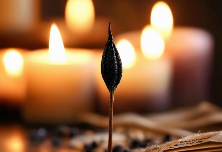 Une graine de nigelle noire en flou doux est tenue en hauteur devant un arrière-plan tranquille de bougies doucement lumineuses et de tomes spirituels, illustrant ses vertus mystiques.
