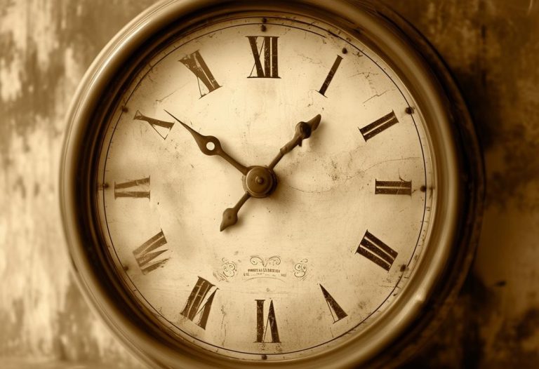 Image surréaliste d'une horloge antique indiquant 2h04 sur un fond sépia nostalgique, illustrant la nature éphémère du temps, ton sépia, hautement détaillée, mise au point douce, charme vintage.