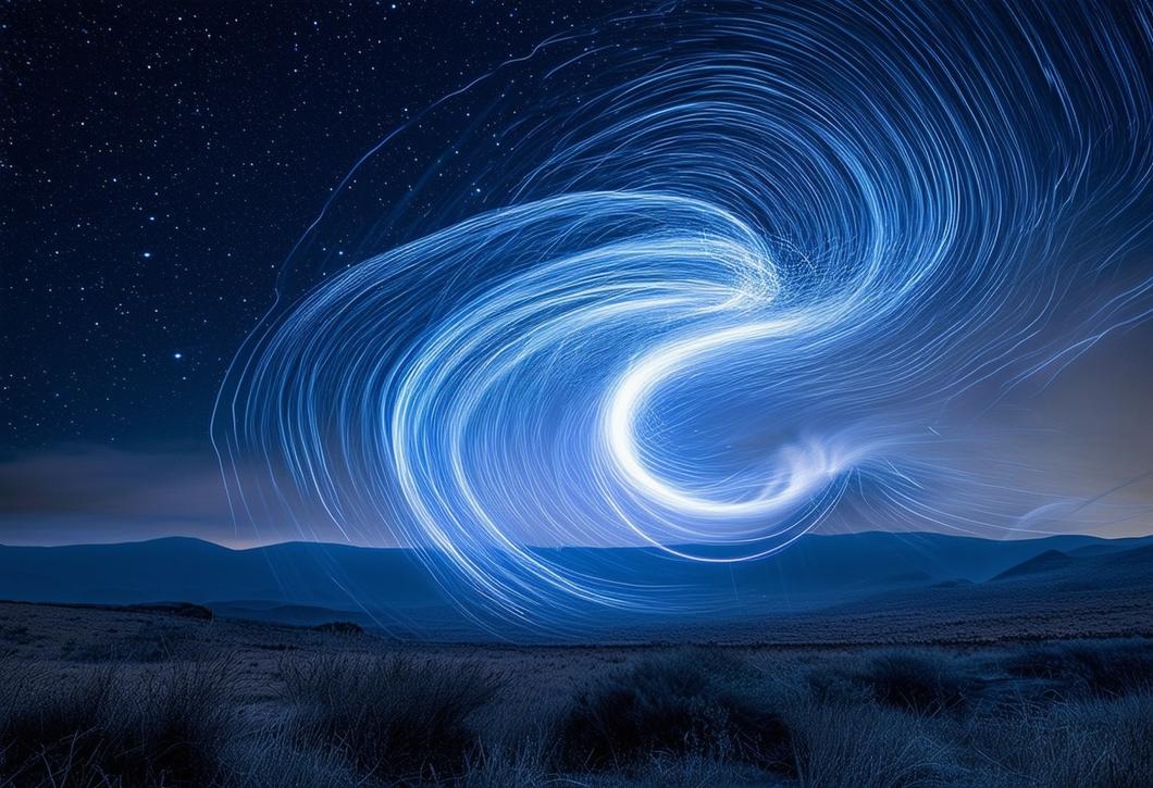Photographie mystique présentant une force invisible matérialisée par d'angoissants tourbillons de lumière s'étirant à travers un paysage étoilé vaste, suggérant un réseau complexe de lignes Ley.