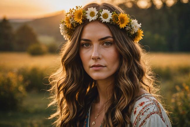 Portrait d'une femme portant une couronne florale avec des ondulations libres, dégageant une ambiance hippie paisible, éclairée par la lumière dorée du coucher de soleil, avec une mise au point précise et un éclairage ambiant.