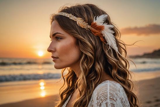 Profil latéral d'une femme aux ondulations naturelles coiffée d'un bandeau à plumes, dans la lumière chaude de l'aube.