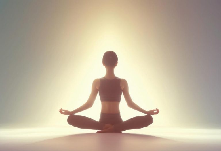 Image minimaliste d'une personne sereine effectuant une posture d'étirement du psoas en yoga, entourée de teintes douces, symbolisant la tranquillité émotionnelle, finition mate, éclairage ambiant.