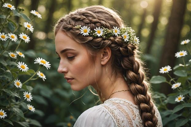 Cheveux en tresses bohémiennes décorées de petites marguerites, avec un éclairage doux de soleil à travers des feuilles, finition mate.