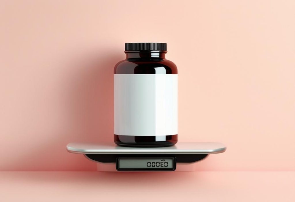 Une bouteille fermée de supplément de collagène marin posée sur une balance montrant une légère augmentation de poids, sur un fond pastel doux et minimaliste.