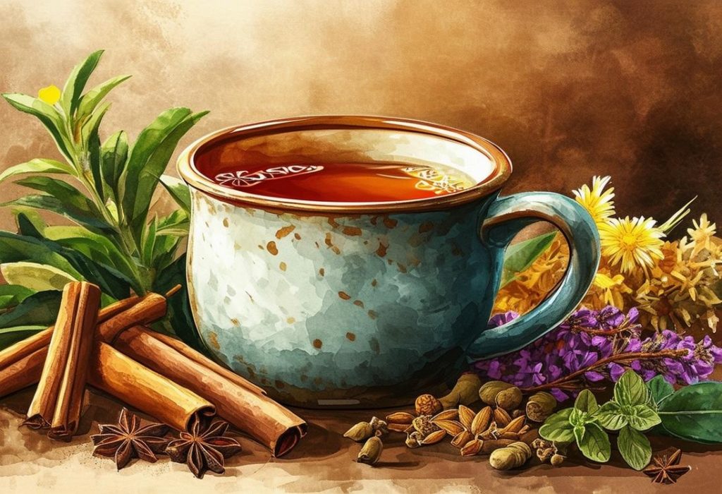 Illustration d'une tasse d'infusion ayurvédique chaleureuse entourée de diverses herbes et épices colorées, peinte dans des tons doux et terreux, avec un fini mat et un éclairage d'ambiance.