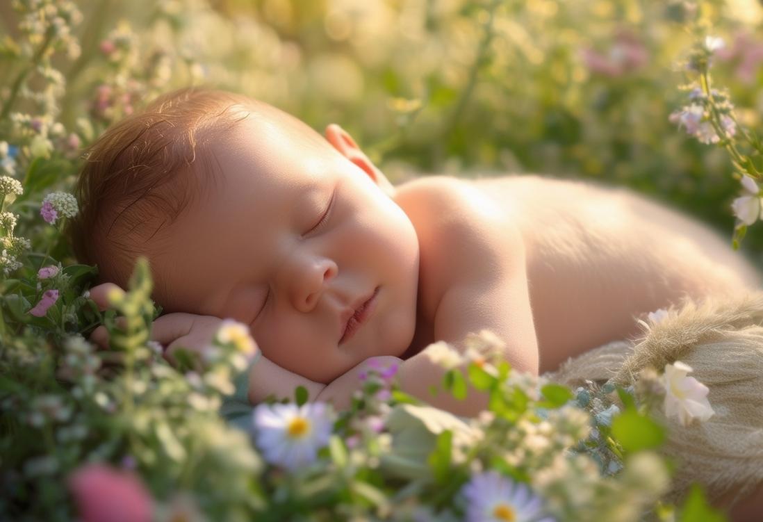 Un bébé nouveau-né dort paisiblement sur un lit d'herbes et de fleurs sous la lumière matinale tamisée.