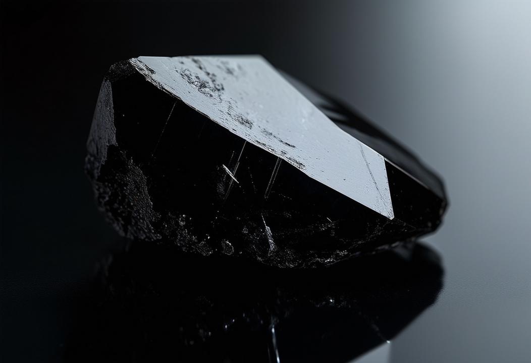 Image gros plan d'une pierre d'obsidienne noire, brillante et pointue, placée sur une surface réfléchissante sombre sous un éclairage dramatique.