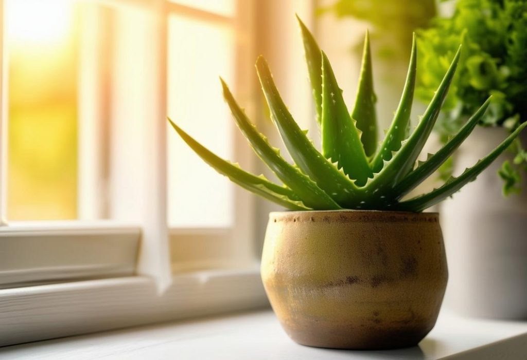 Photographie macro vivante d'une plante d'aloe vera saine et vibrante sur un rebord de fenêtre ensoleillé, entourée d'une décoration minimaliste, soulignant l'ambiance thérapeutique qu'elle procure.