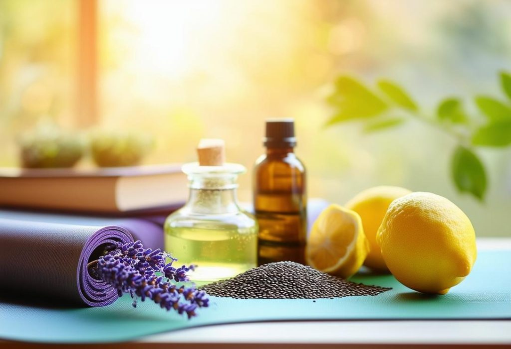 Une scène de vie paisible avec sept éléments: une fleur de lavande, des graines de chia, un tapis de yoga, un citron, du thé vert, une bouteille d'huile essentielle et un livre de naturopathie sous une lumière matinale chaleureuse.