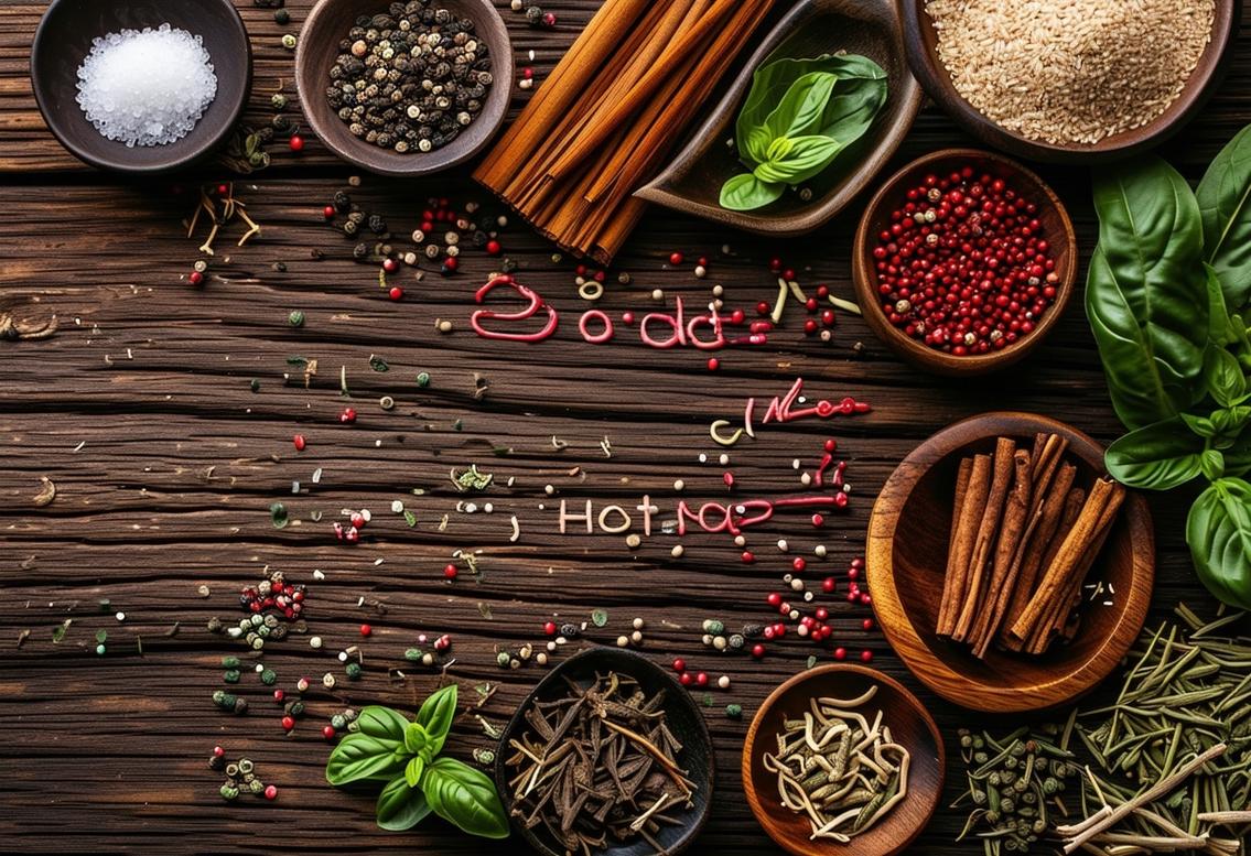 Scène haute définition de plantes médicinales chinoises traditionnelles éparpillées sur une table en bois rustique, avec des informations sur leurs propriétés dans la médecine traditionnelle chinoise.