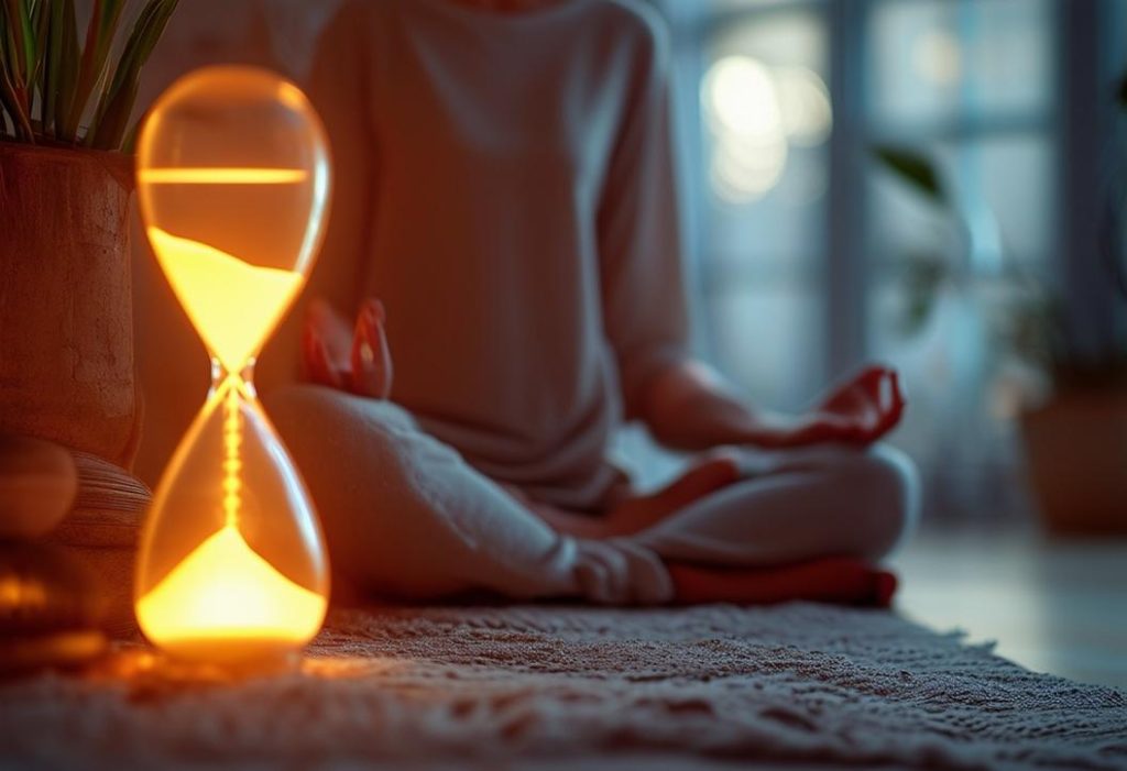 Personne confortablement assise dans un espace de méditation éclairé par un sablier, symbolisant le passage du temps entre les séances de guérison énergétique.