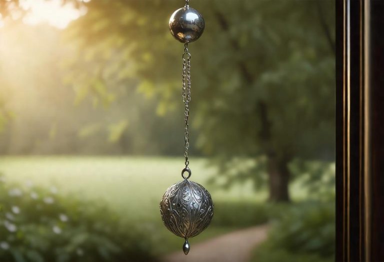 Image photoréaliste d'un pendule argenté, suspendu dans un cadre paisible avec des détails sculptés, se balançant doucement sous la lumière matinale diffusée, contexte éthéré, mise au point précise, qualité 4k.