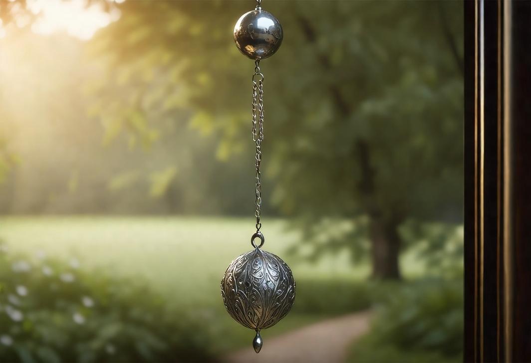 Image photoréaliste d'un pendule argenté, suspendu dans un cadre paisible avec des détails sculptés, se balançant doucement sous la lumière matinale diffusée, contexte éthéré, mise au point précise, qualité 4k.