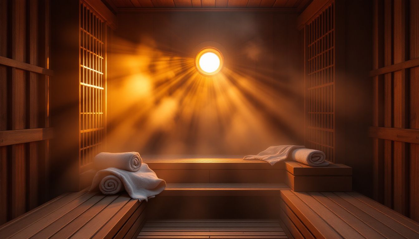 Sauna japonais enveloppé de vapeur, évoquant une atmosphère de sérénité.