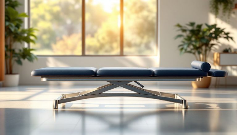 Table Bobath dans une clinique moderne, équipée de matériel de rééducation et d'un environnement ergonomique.