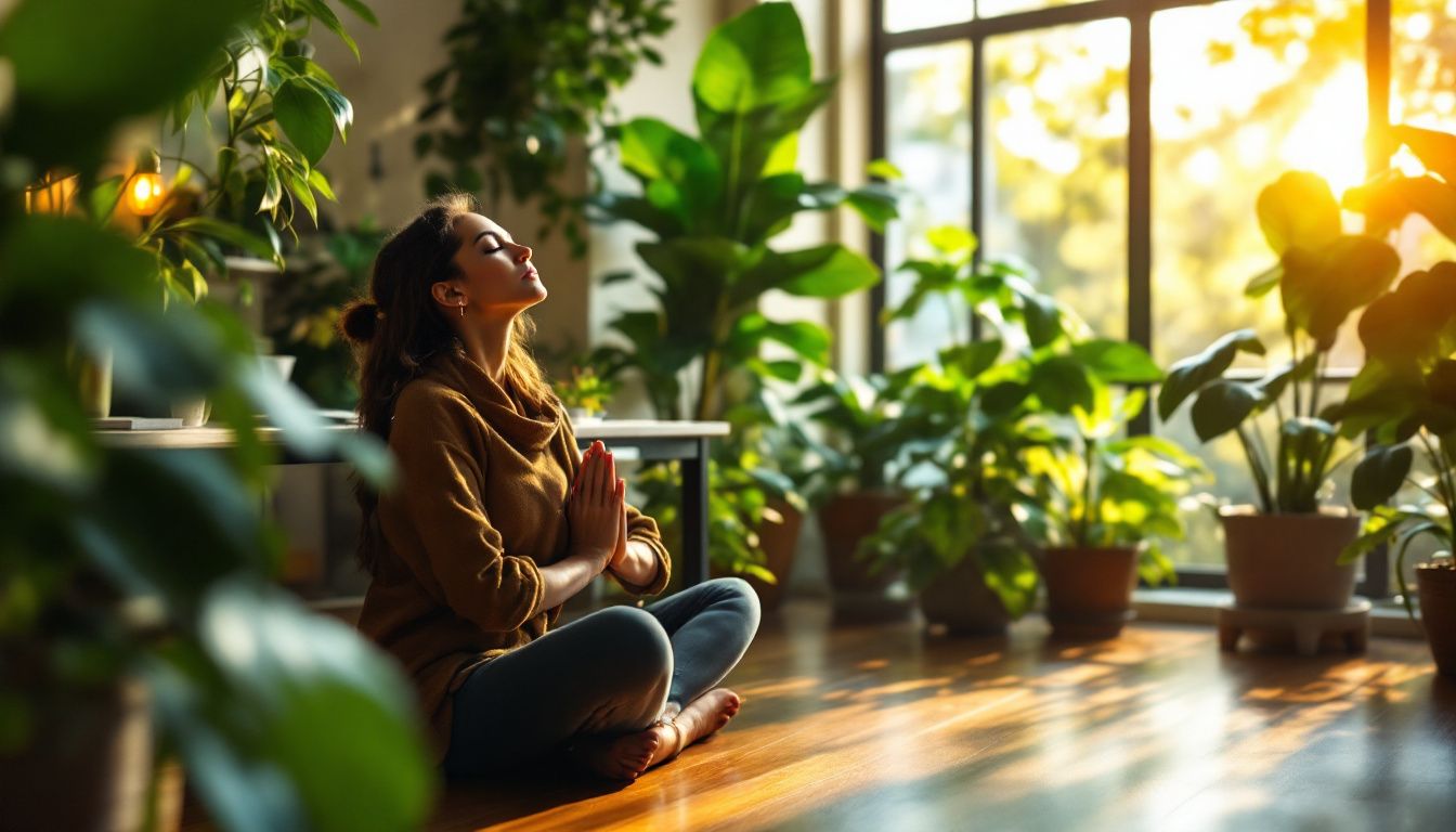 Bureau harmonieux avec des éléments de yoga procurant une atmosphère apaisante.
