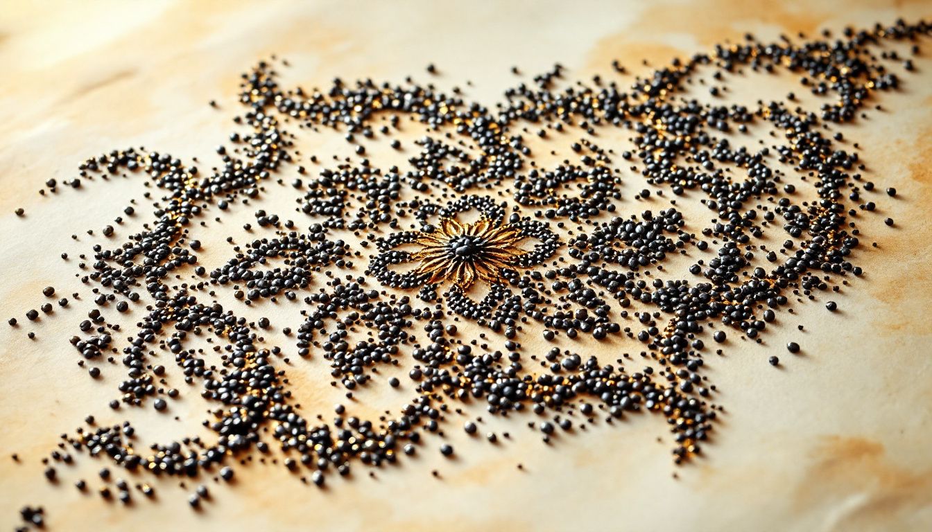 Graines de nigelle disposées en arabesque sur un fond neutre.