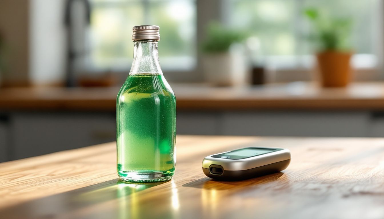 Flacon de sirop à la menthe sans sucre sur fond neutre.