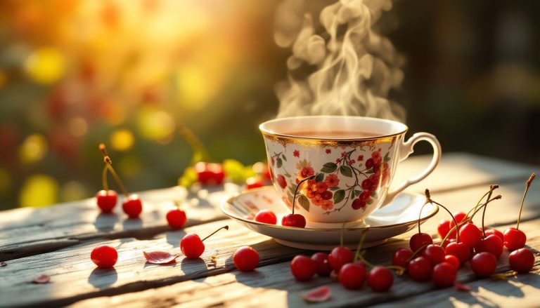 Thé infusé aux tiges de cerise servi dans une tasse élégante, agrémenté de quelques feuilles.