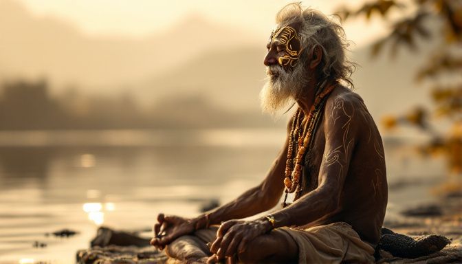 Un sadhu en méditation au bord du Gange, baigné dans une lumière matinale douce, son visage orné de peintures et de perles.