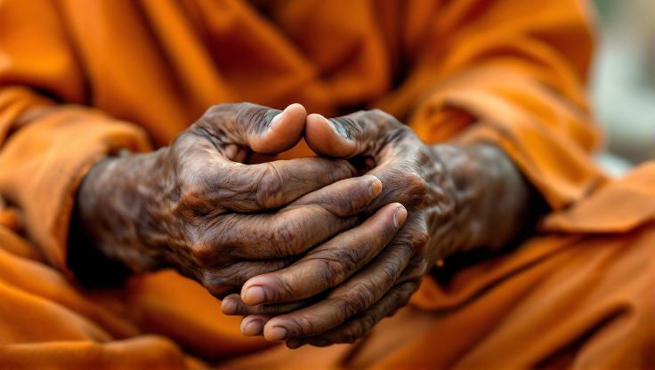 Mains entrelacées d'un sadhu en mudra, avec la texture de sa peau marquée contrastant avec sa robe orange vibrante.