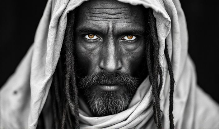 Portrait monochrome d'un sadhu à l'expression indifférente, vêtu de blanc, avec des dreadlocks et un regard perçant, dans une ambiance noir et blanc à fort contraste.
