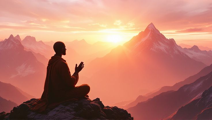 Un sadhu silhouetté au coucher du soleil sur un sommet himalayen, dont la posture se fond dans le paysage accidenté.