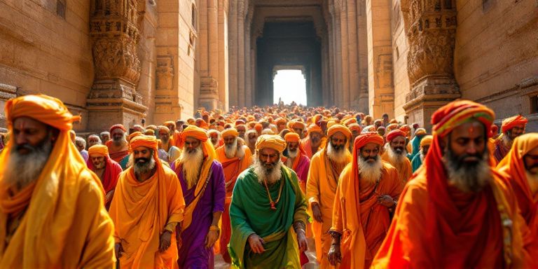 Des sadhus colorés avancent solemnement et joyeusement à travers un portail ancien d'un temple, capturés en photographie avec un angle large.